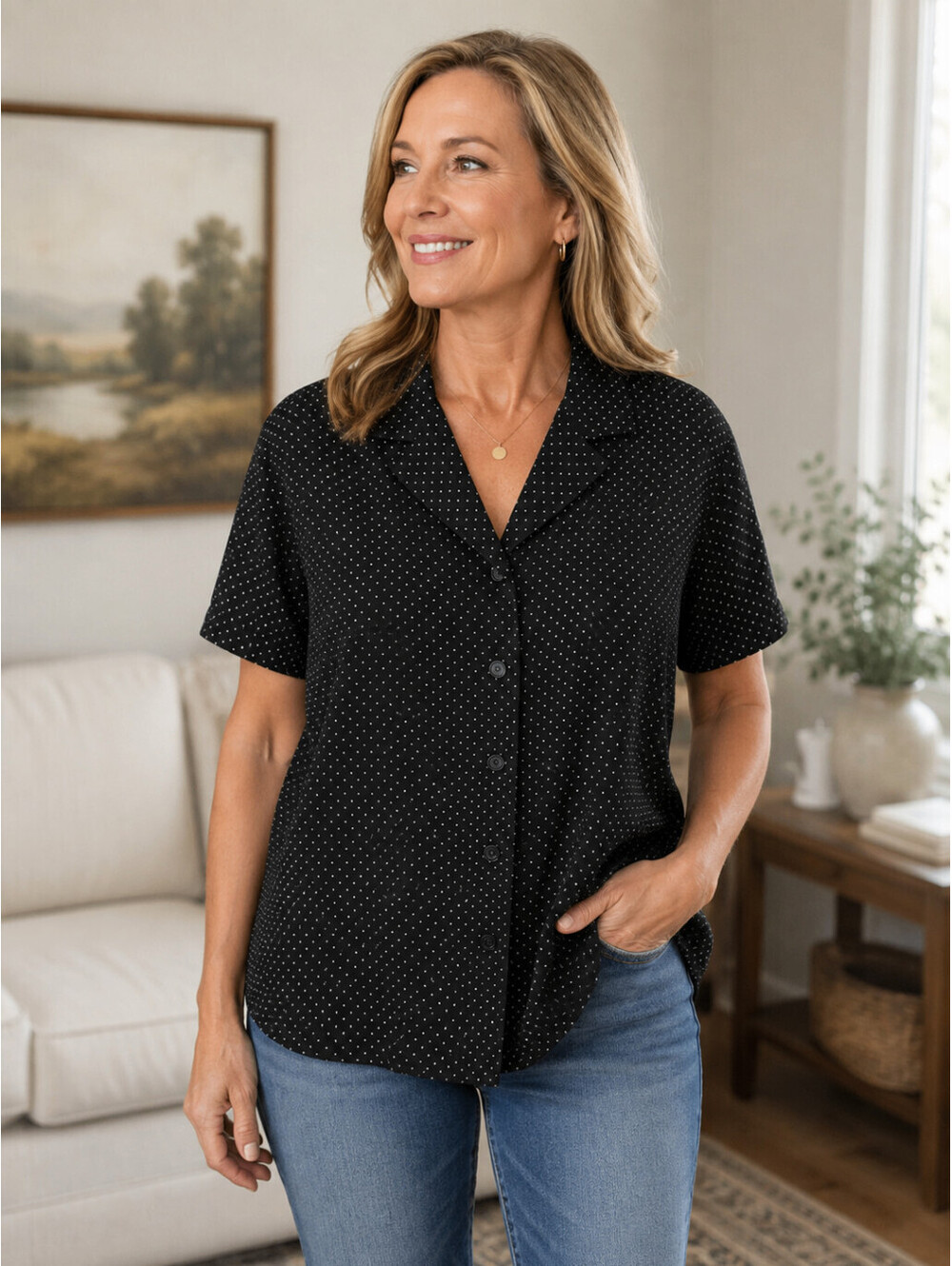 Liz Claiborne Lizsport Petite Womens L Black Polka Dot Button-Up Blouse Top